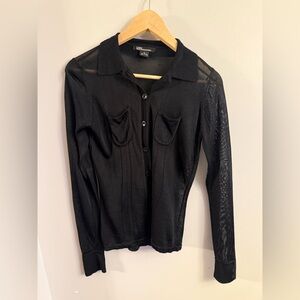 GUESS Black Sheer Button-Front Collared Top